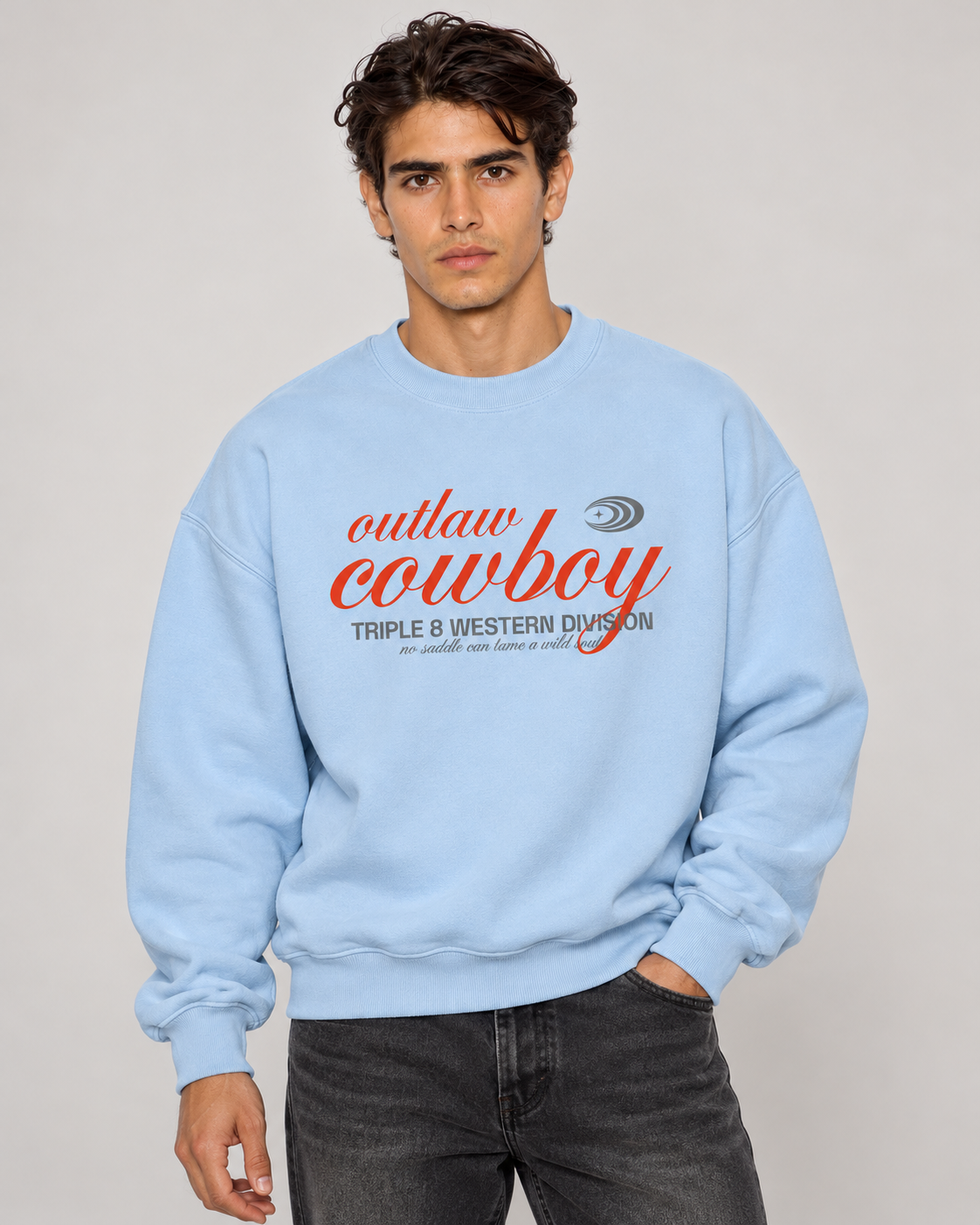 Outlaw Cowboy Crewneck Sweatshirt — Baby Blue
